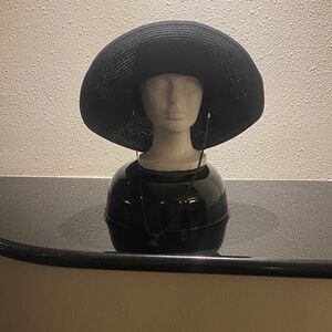 Black Wide Brim Sun Hat with Chin Strap. One Size.